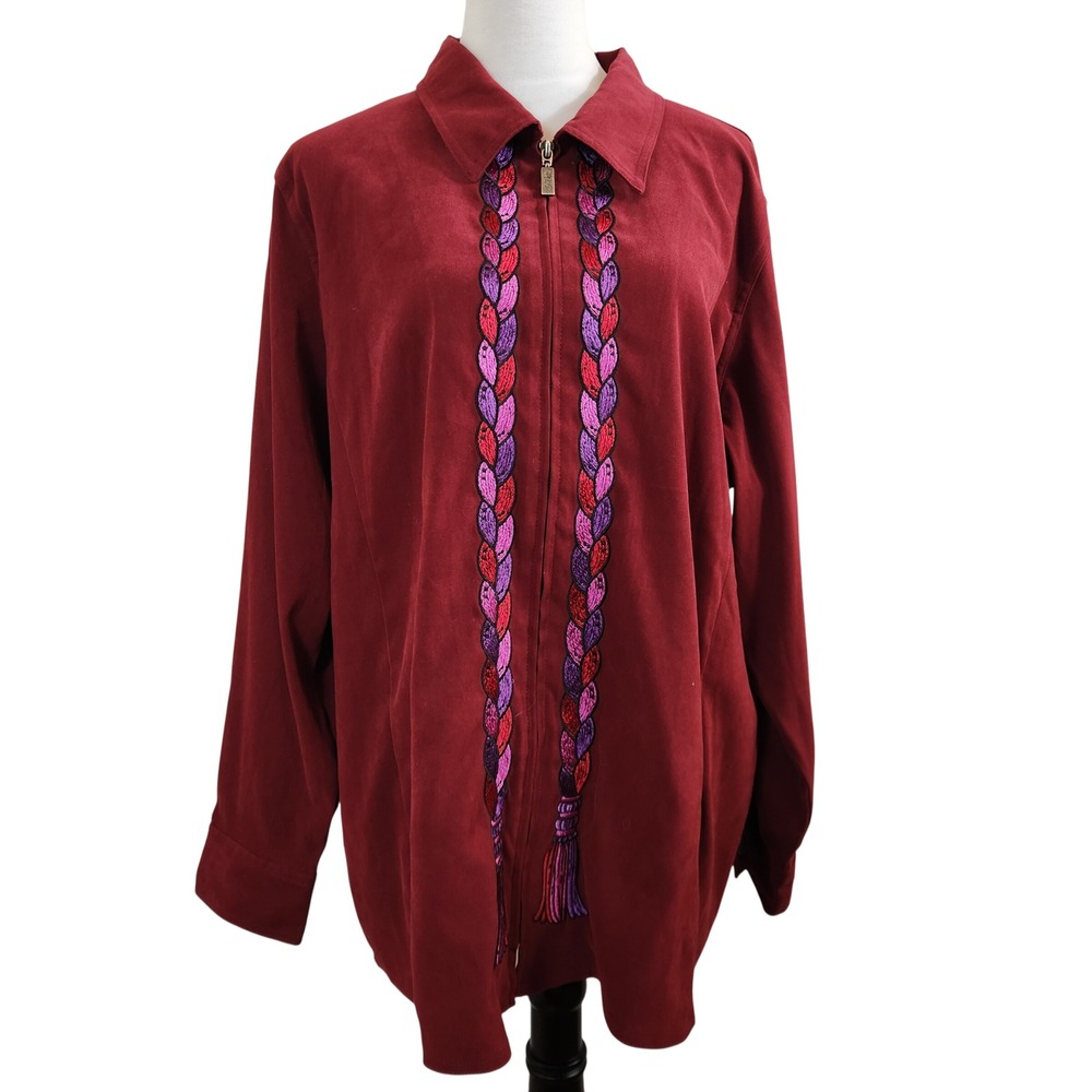 Bob Mackie Wearable Art Red Embroidered Zip Front Jacket Women 1X Plus Size